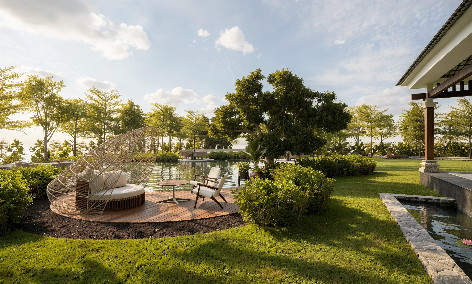 Canvas — fire-pit lounge on the lawn by the water