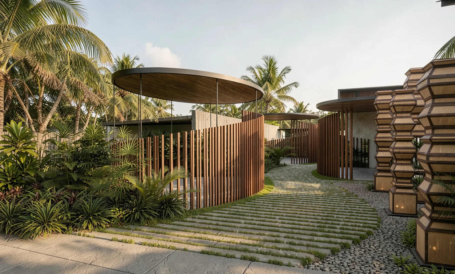 Canvas — timber-screened pavilions under a curved canopy