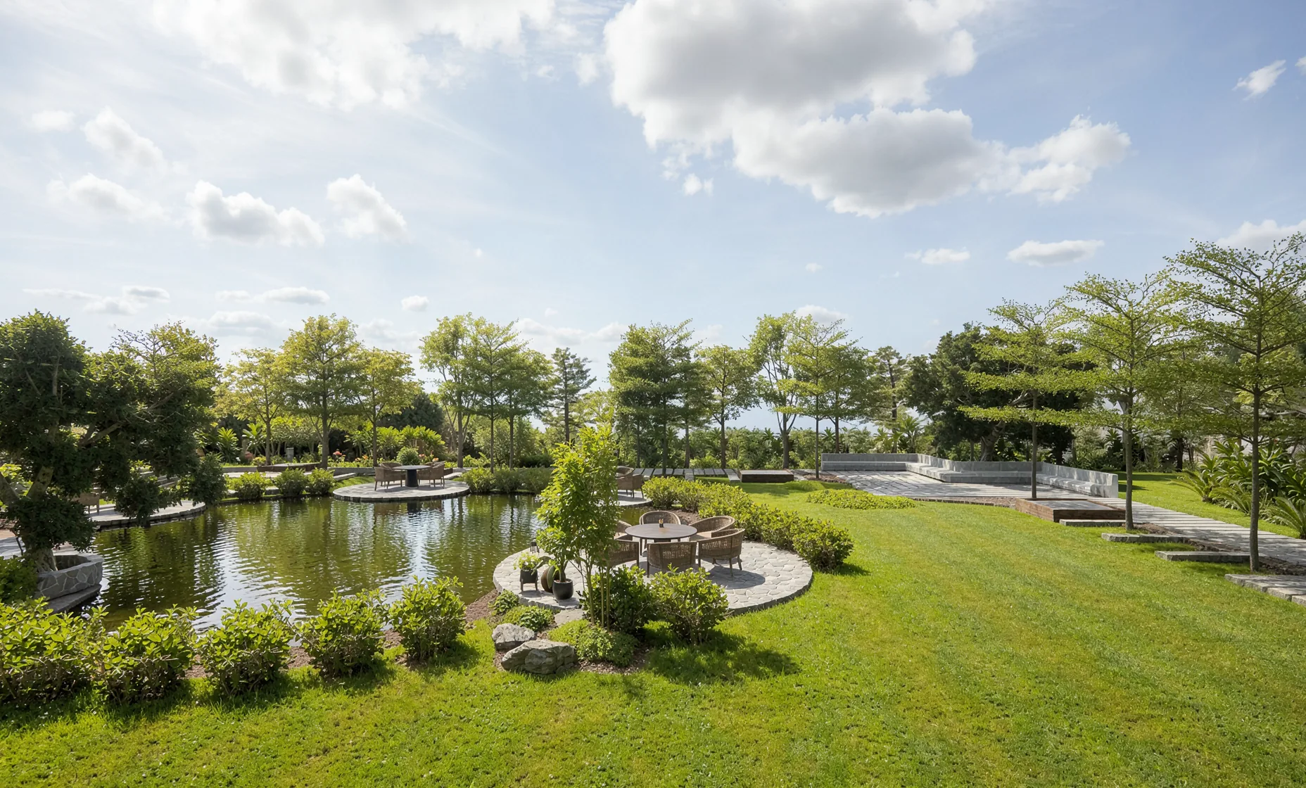 Open sky over the lake and lawns