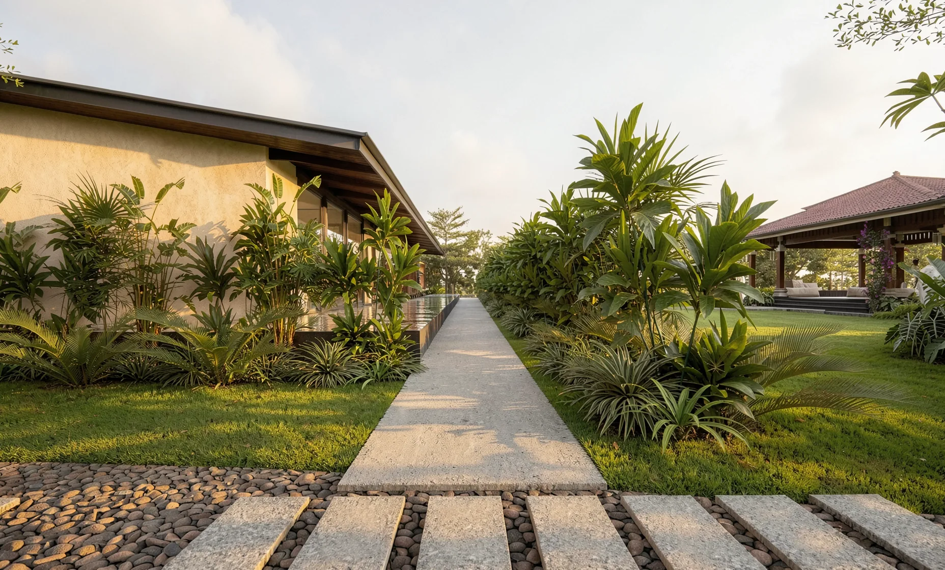 A planted walkway between the pavilions at Canvas, Lepakshi