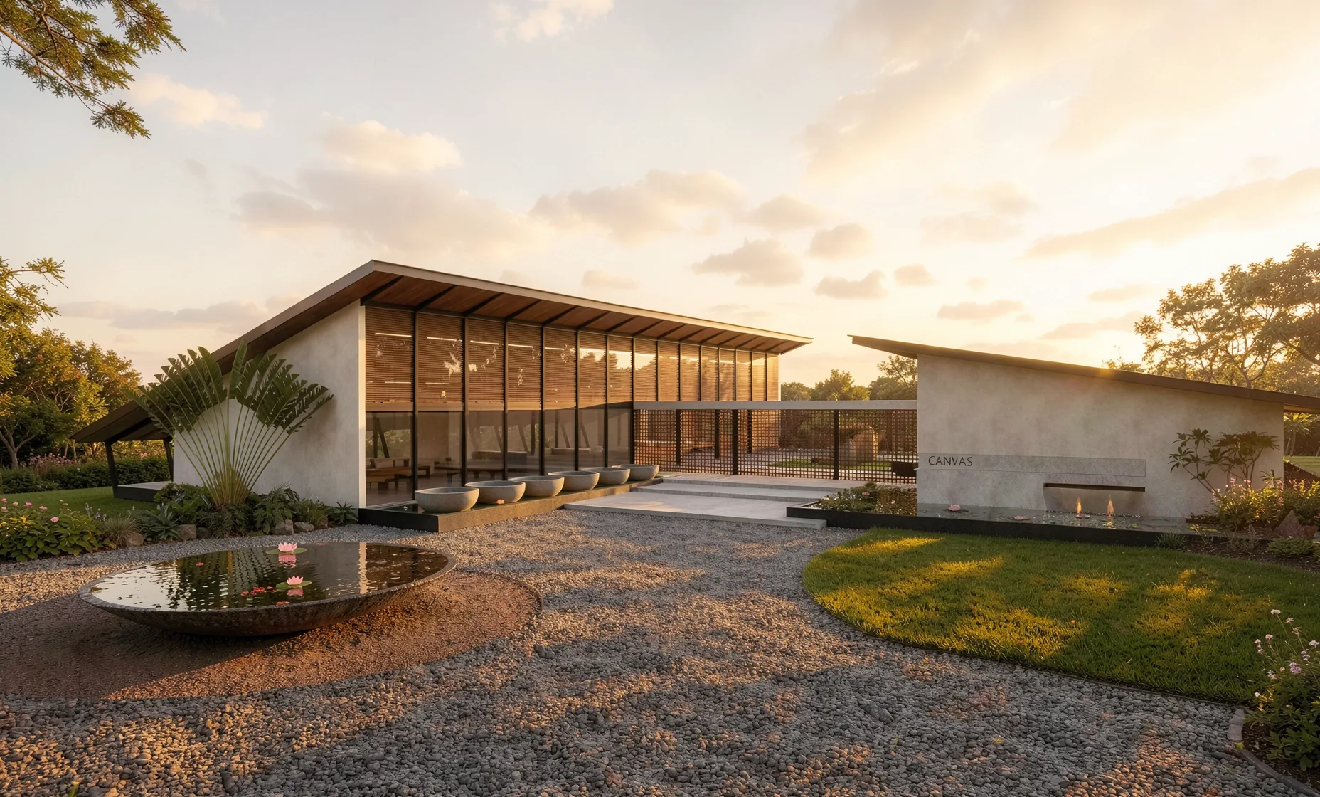 Canvas — the glass-walled clubhouse beside a reflecting pond