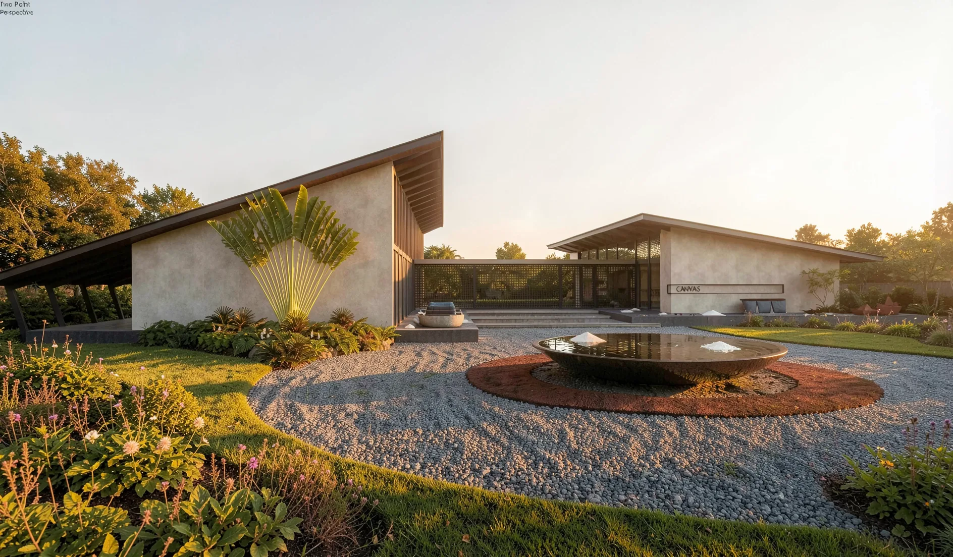 Canvas — gravel court with a fire bowl at dusk