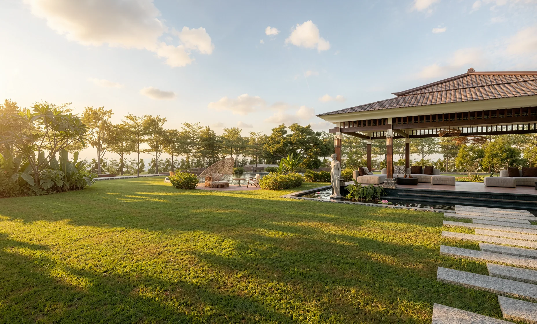 Canvas — lakeside pavilion and stepping-stone lawn
