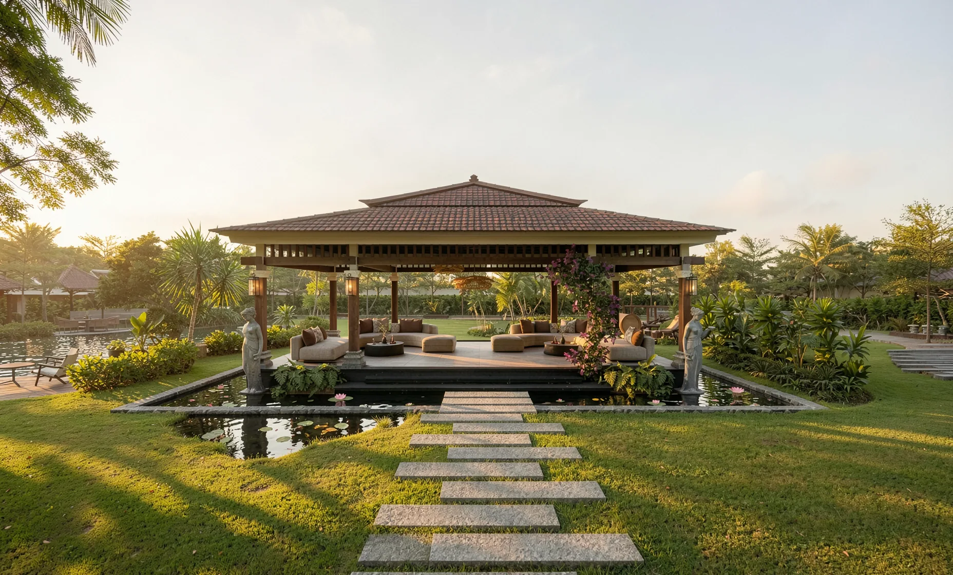 A tiled pavilion with lounge seating over a lily pond, reached by stepping stones